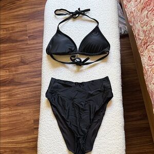 aerie Black Triangle Halter Bikini Set